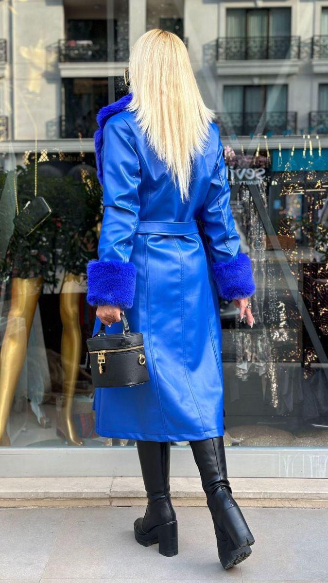 Özel Tasarım Kürk Detaylı Mavi Deri Palto